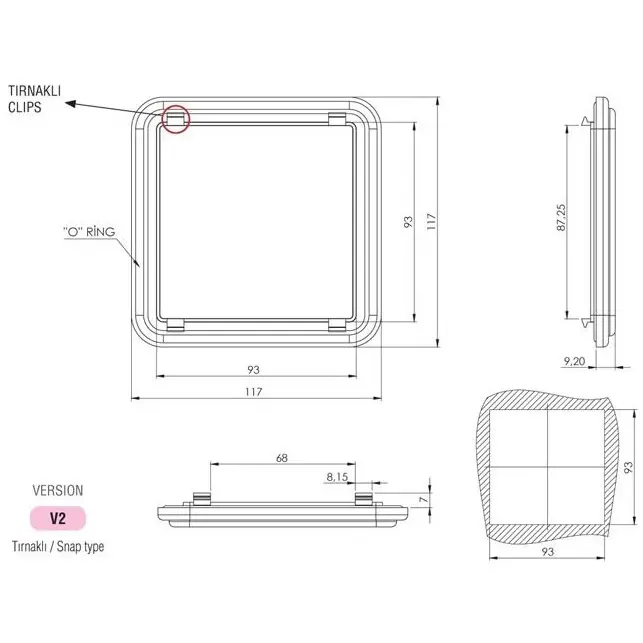 Counter screen, snap type, polycarbonate, O-ring, 3 mm, dimensioned drawing in millimetres