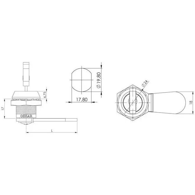 Cam lock, zinc, keyed alike, dimensioned drawing in millimetres
