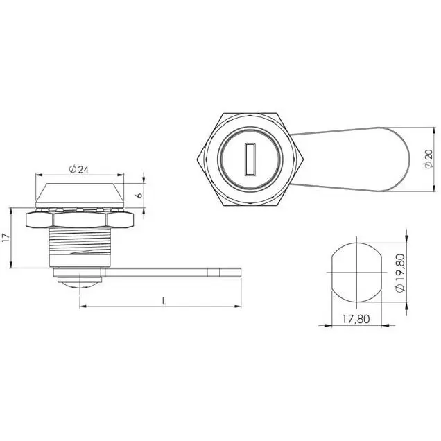 Cam lock -, screwdriver key, dimensioned drawing in millimetres