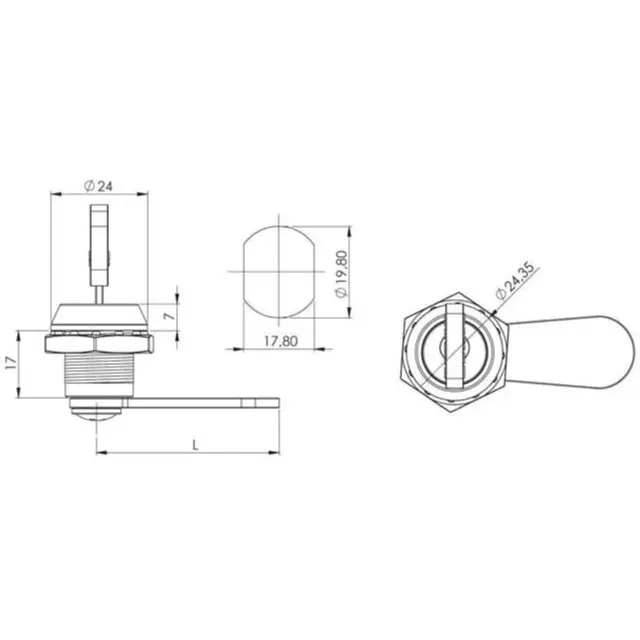 Cam lock, polyamide, keyed alike, dimensioned drawing in millimetres