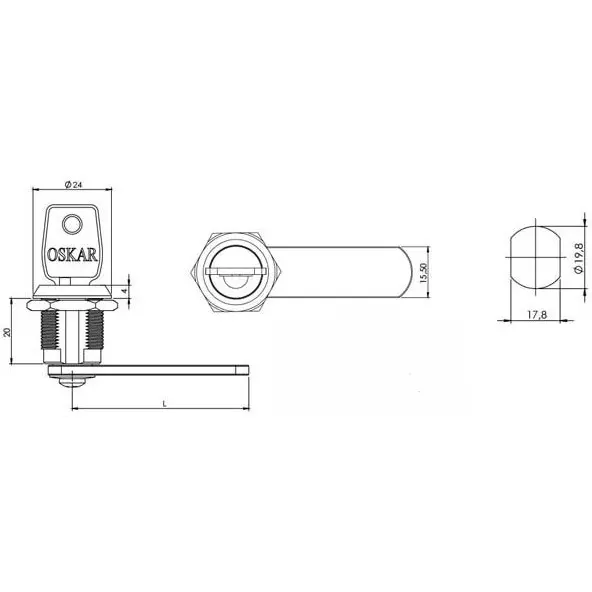 Cam lock, 19 mm, dimensioned drawing in millimetres