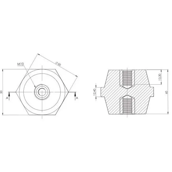 Insulator M10, polyester, OSKAR, dimensioned drawing in millimetres