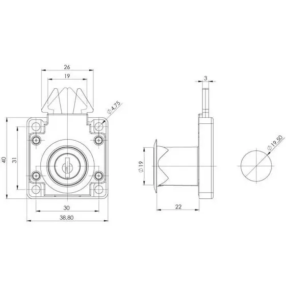 Drawer lock, zinc, dimensioned drawing in millimetres