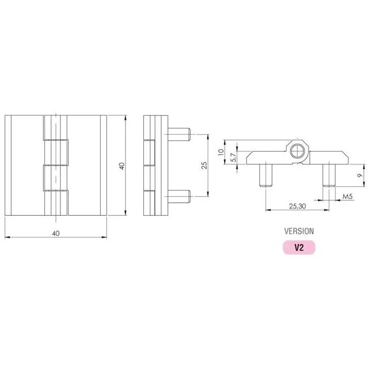 Hinge leaf, 40 × 40 mm, with studs, zinc, black, dimensioned drawing in millimetres