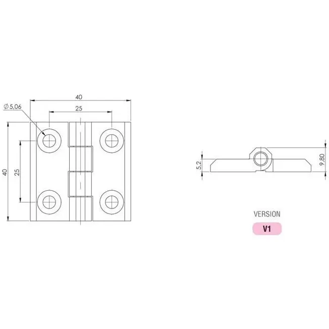 Hinge leaf, 40 × 40 mm, with holes, polyamide, black, dimensioned drawing in millimetres