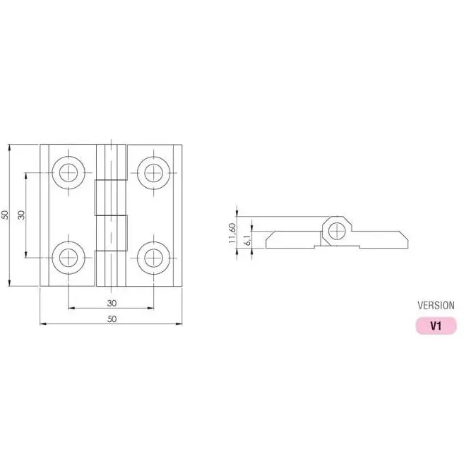 Hinge leaf, 50 × 50 mm, with holes, polyamide, black, dimensioned drawing in millimetres