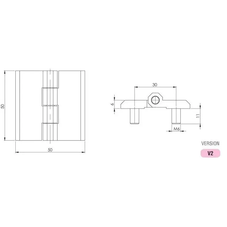 Hinge leaf, 50 × 50 mm, with studs, polyamide, black, dimensioned drawing in millimetres