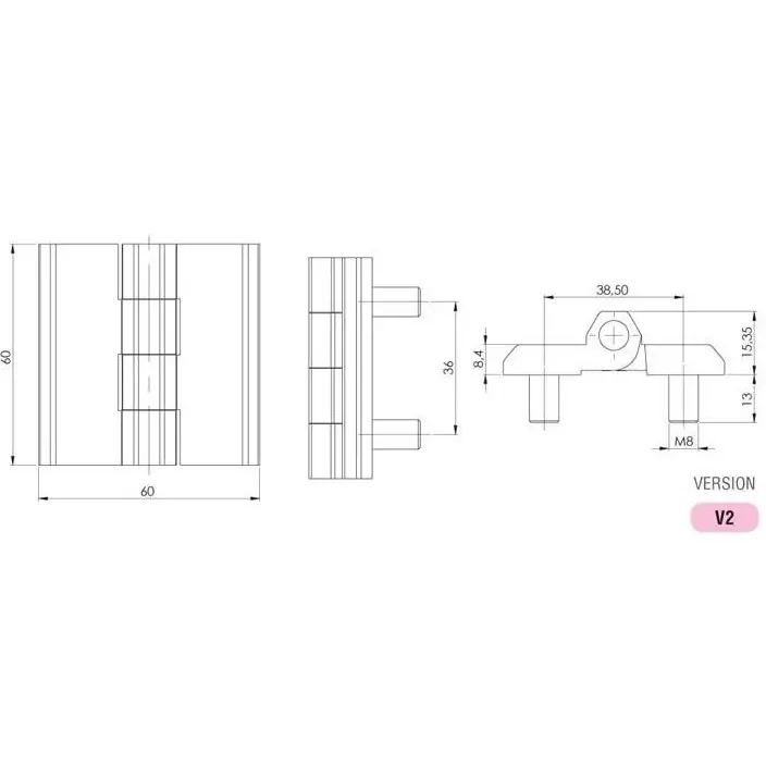 Hinge leaf, 60 × 60 mm, with studs, zinc, black, dimensioned drawing in millimetres