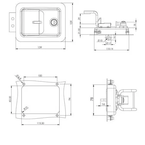 Push-to-close latch, padlockable, black, Eurokey, dimensioned drawing in millimetres