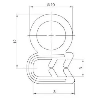 Gasket seal pinchweld, rubber, dimensioned drawing in millimetres