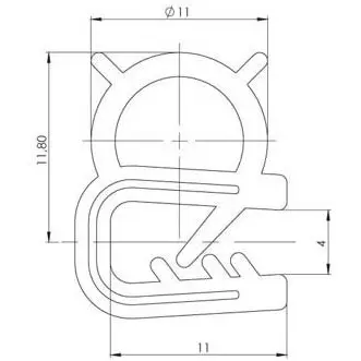 Gasket seal pinchweld, rubber, dimensioned drawing in millimetres