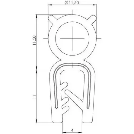 Gasket seal pinchweld, rubber, dimensioned drawing in millimetres