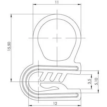 Gasket seal pinchweld, rubber, dimensioned drawing in millimetres