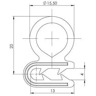 Gasket seal pinchweld, rubber, dimensioned drawing in millimetres