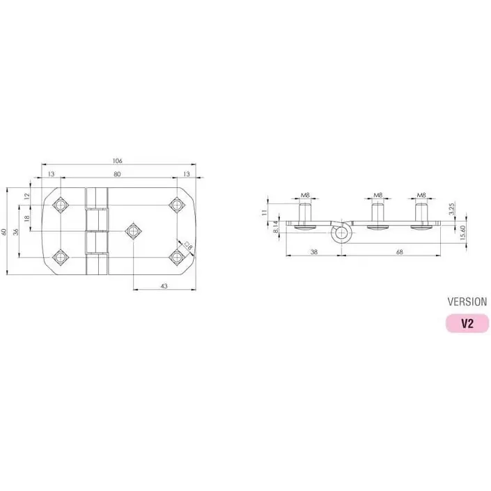 Hinge leaf, 60 × 106 mm, with studs, steel, black, dimensioned drawing in millimetres
