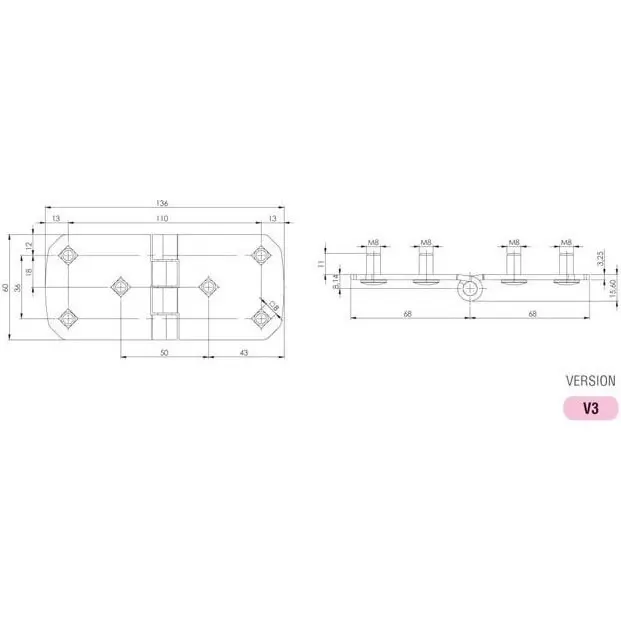 Hinge leaf, 60 × 136 mm, with studs, steel, black, dimensioned drawing in millimetres