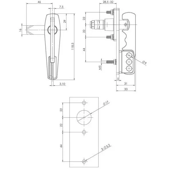 Swing handle, padlockable, black, dimensioned drawing in millimetres