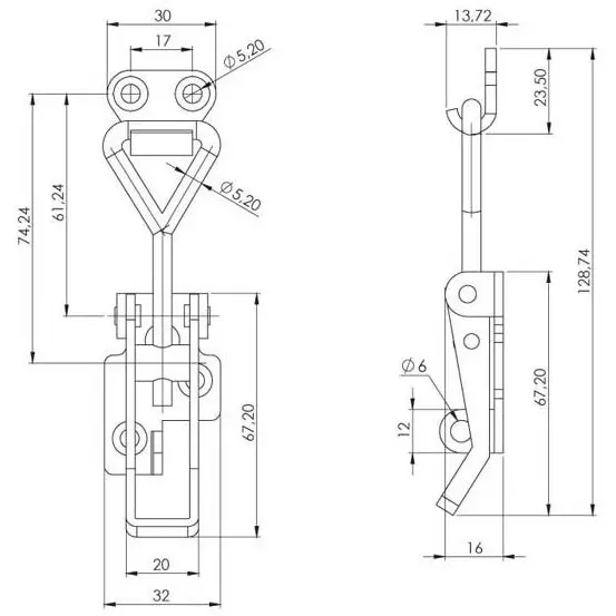 Toggle latch, steel, with padlock device, dimensioned drawing in millimetres