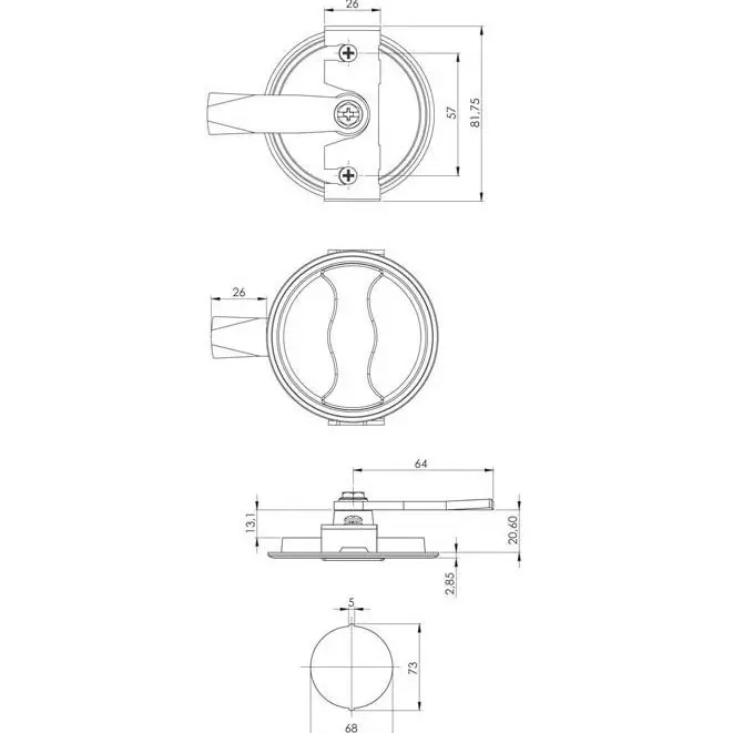 Round fire cabinet lock, chrome, dimensioned drawing in millimetres