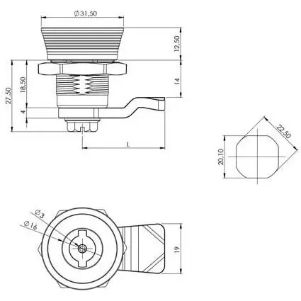 Quarter-turn cam lock, zinc, blue, dimensioned drawing in millimetres